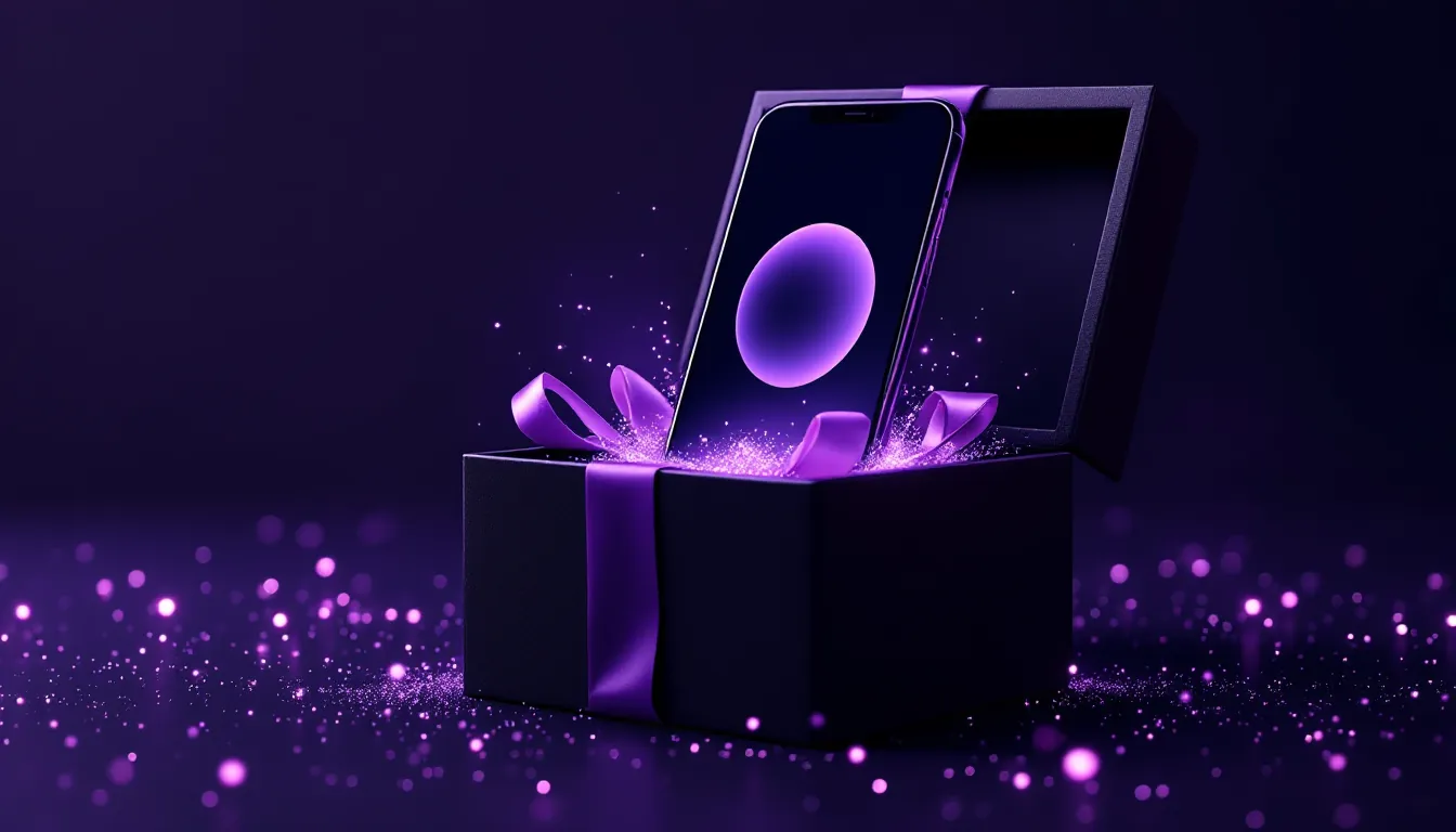 Caixa de presente preta com laço roxo aberta, de onde sai um celular com a tela iluminada em roxo, sobre um fundo escuro com brilhos violeta