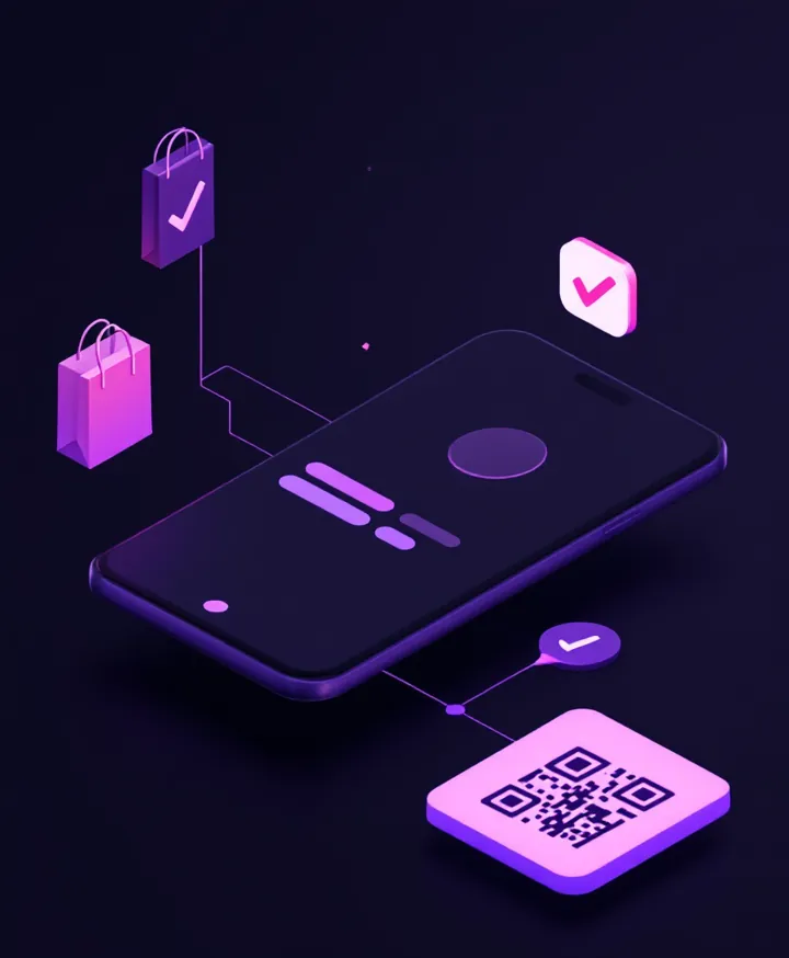 Ilustração de um celular com uma página de links, ligado por linhas roxas a uma sacola de compras, um balão de conversa, um checklist e um QR code